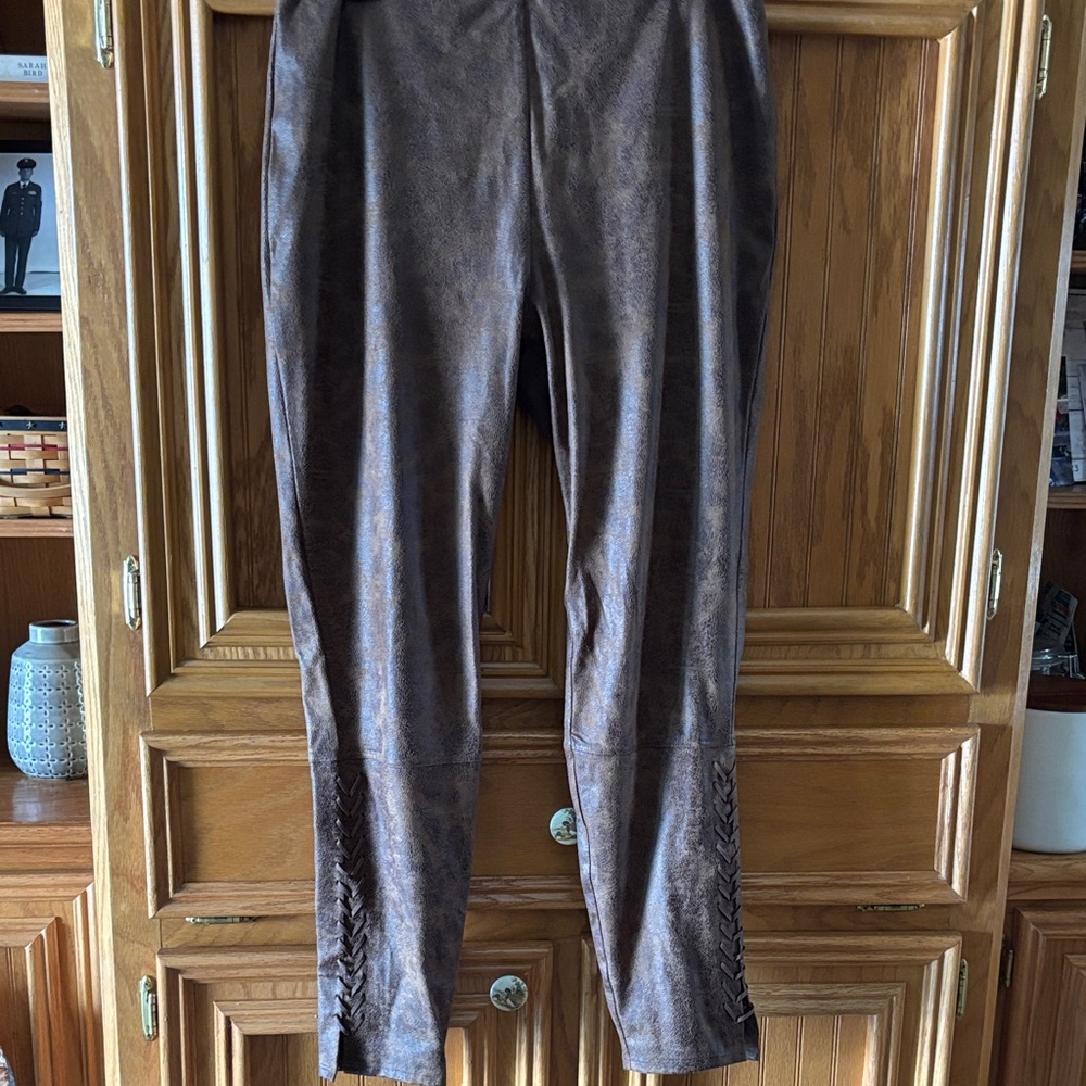 Lysse Brown Faux Leather Leggings Ankle Braid Detail